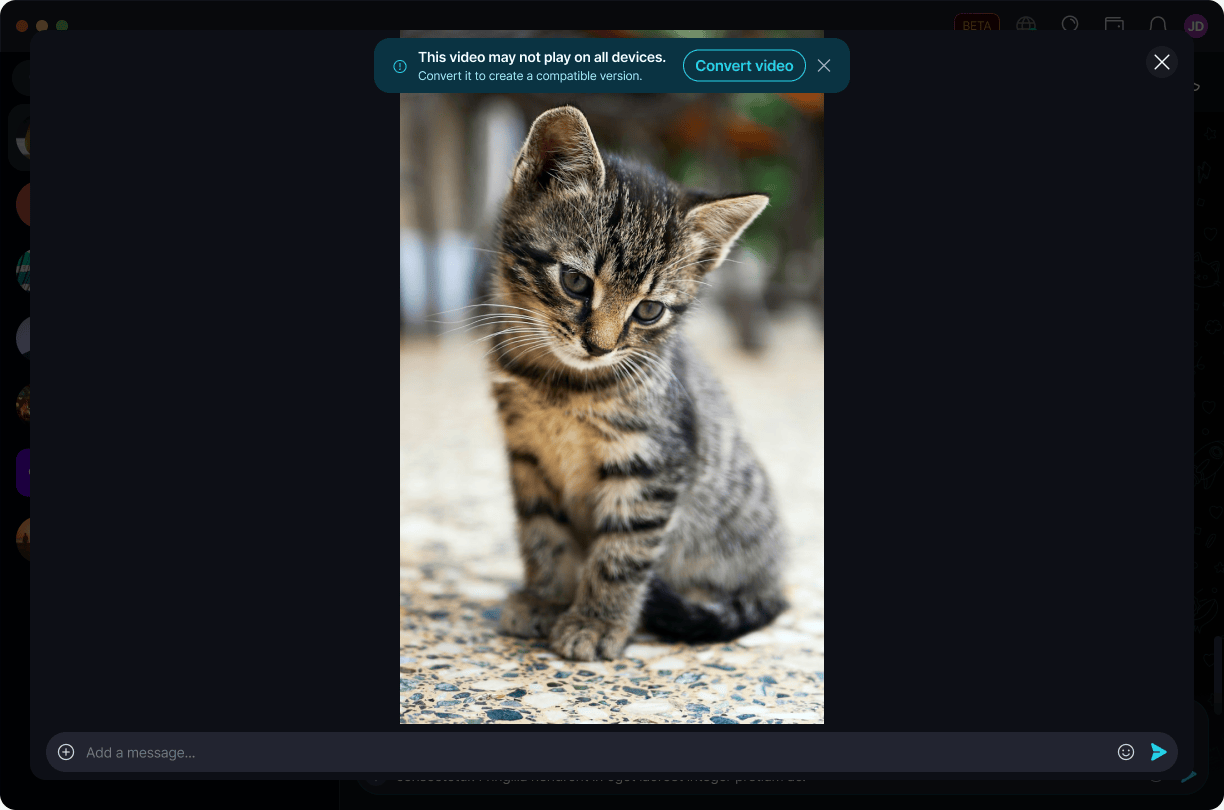 Convert Incompatible Videos ποΈ Β· Desktop The banner warns the video may not play on all devices, with a 'Convert video' button.